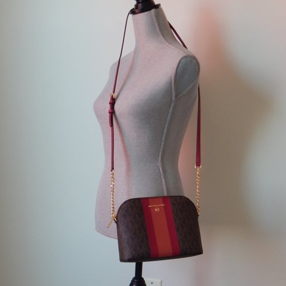 NWT MICHAEL KORS MK MONOGRAM Center Stripe CINDY LG Dome CHAIN XBODY BAG Berry - Picture 2 of 9